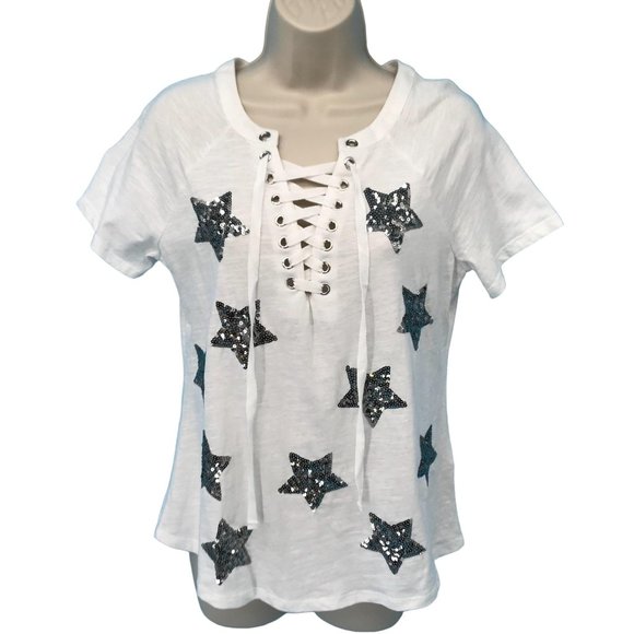INC International Concepts Tops - NWOT INC Womens White Lace Up Glitter Stars Tee Shirt Size S